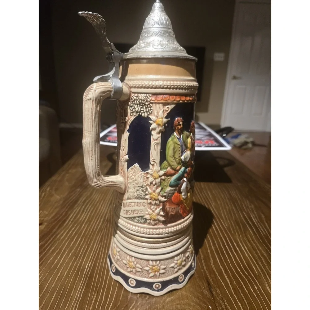Vintage GERZ W Germany Musical Beer Stein Pewter Lid Tyrolean Dancers 13.5